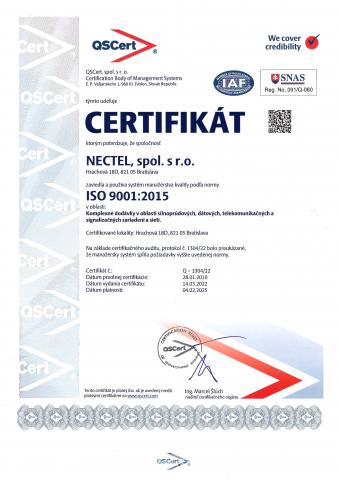 Certifikát ISO 9001:2015