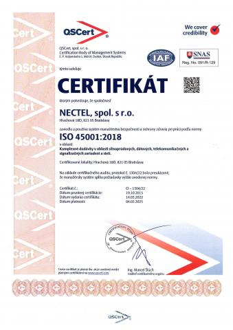 Certifikát ISO 45001:2018