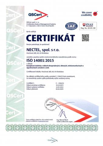 Certifikát ISO 14001:2015